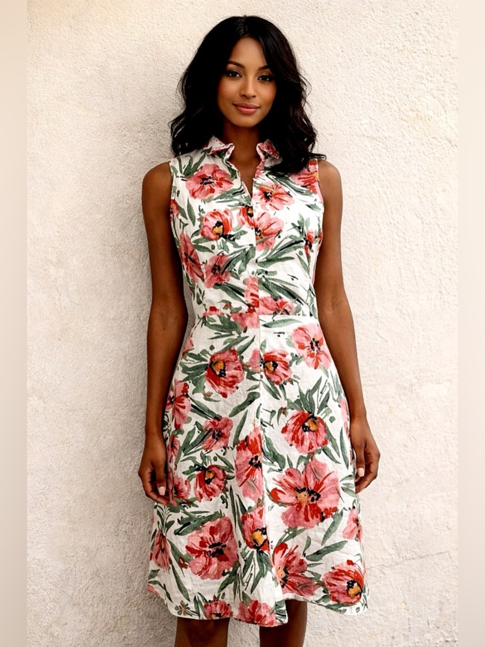 Tahari Linen Blend Floral Dress Pink & Green Botanical Print Summer Garden Party